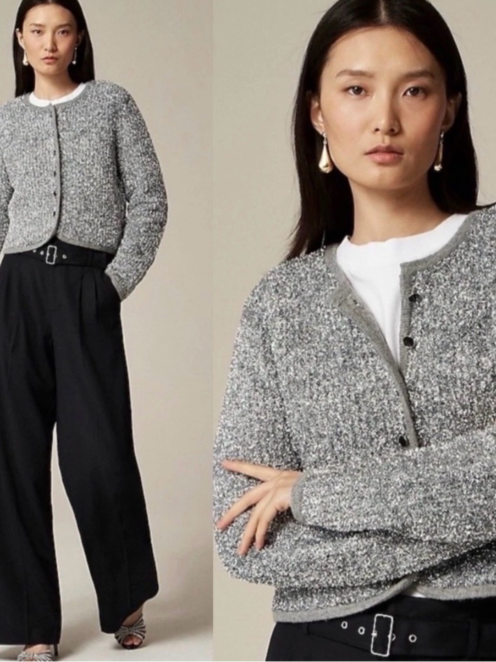J.Crew CE724 Button-front Cardigan M Silver Grey Sparkly Lambswool